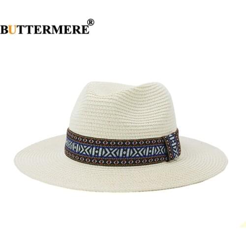 BUTTERMERE White Panama Hat Summer Sun Hats for Women Man Beach Straw Hat for Men UV Protection Cap Chapeau Femme 2021 Fedora