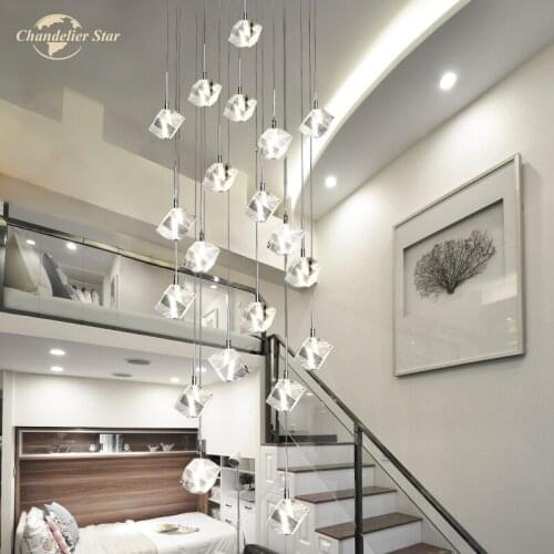Nordic LED Chandeliers Lighting Modern Square Crystal Metal Pendant Hanging Lights Living Room Big Staircase Hotel Lamps Fixture