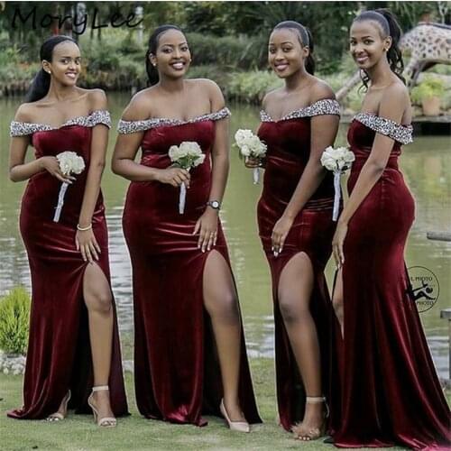 Velour Bridesmaid Dresses Sexy African Burgundy Off The Shoulder Floor Length Velour Wedding Party Dresses With Zipper Back