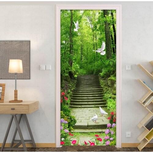 Green Forest Stairs Door Sticker 3D Nature Landscape Wallpaper Living Room Kitchen Waterproof Home Door Decals 3 D Wall Stickers