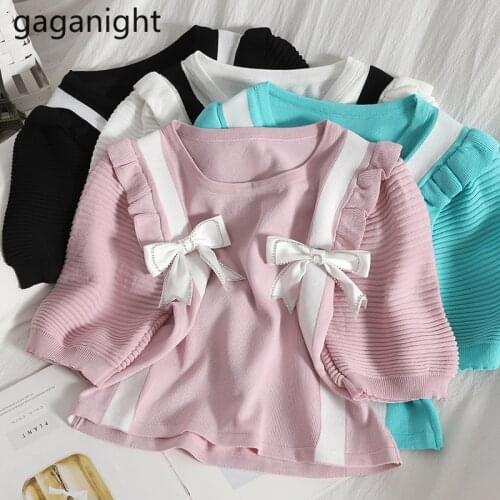 Gaganight Women O Neck Knitted T-shirts Sweet Girls Patchwork Color Bow Crop Tops Casual Short Sleeve Knitting Tee Shirts Summer