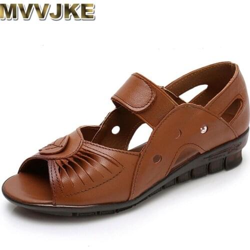 MVVJKE2020 New Summer Ladies Flat Sandals Genuine Leather Zapatos De Mujer Hollow Out Soft Bottom Women Breathable Bottom Sandal