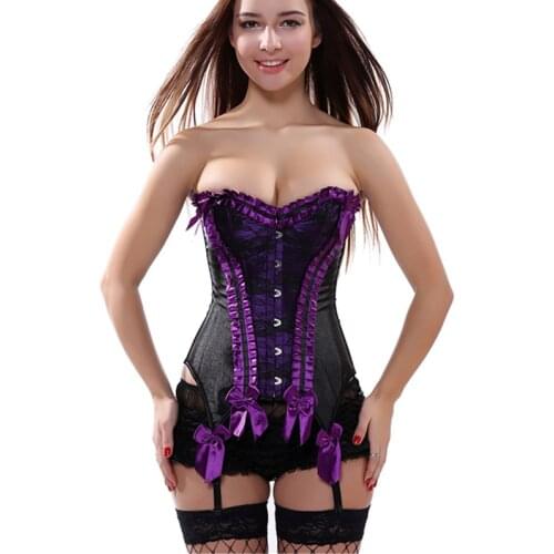 Purple Gothic Sexy Corset Bowknots Satin Bone Lace Up Steampunk Corset Women Waist Trainer Body Shaper Slimming Corset Strapless