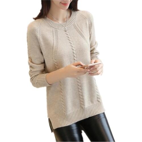 Autumn Winter New Plus Size knitted Sweater Female Korean Loose O-Neck Long Sleeve Solid Sweater Hem Open Cross Nnit Tops H350