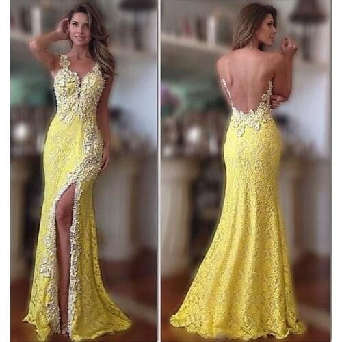 Vestidos 2018 Long Yellow Lace Mermaid White Applique Split Backless Formal Women Party Gown Elegant Custom bridesmaid dresses