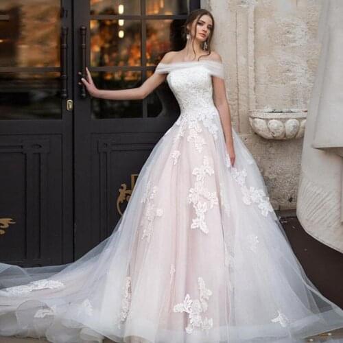 Strapless A-Line Lace Appliques Wedding Dresses Bandage Back Chapel Train Bridal Gowns 2021 Modest Formal Women Bridal Dress