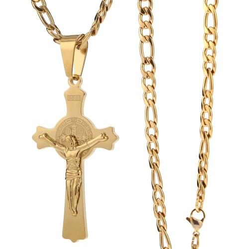 Gold Saint Benedict Medal Crucifix Cross Religious Pendant Charm Necklace Christian Jewelry Gifts For Men