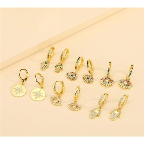 1Pair Zircon Turkish Eye Fatima Hand Earrings For Women Vintage Cute Rainbow Crystal Evil Eye Round Small Ear Stud Jewelry Gift