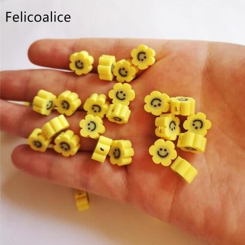 100pcs 10mm Smiley Face Flower Flat Back Polymer Clay Shape Spacer Beads For DIY Handmade Jewelry Craft Accessories