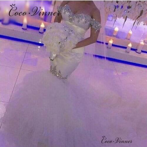 Off-the-shoulder African Mermiad Wedding Dresses New Court Train Luxury Crystal Rhinestone Tulle Wedding Dress w0419