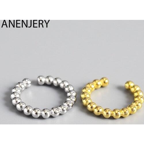 ANENJERY 925 Sterling Silver Fashion Delicate Smooth Beads Ring For Women Gold Open Finger Ring Party Jewelry Gifts S-R642