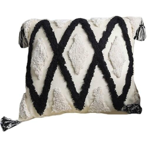 Bohemian Nordic Woven Tufted Throw Pillow Case Tribal Morocco Black White Plaid Striped Tassels Decorative Cushion Cover for Bed