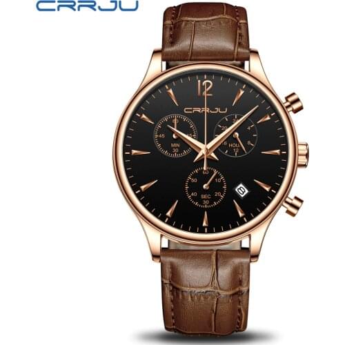 2021 New Mens Watches CRRJU Top Brand Leather Chronograph Waterproof Sport Automatic Date Quartz Watch For Men Relogio Masculino