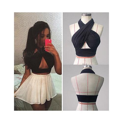 Women Strappy Cross Over Front Cut Out Halter Neck Sleeveless Crop Top Bandage Vest Summer Casual Loose Tops Black S-XL
