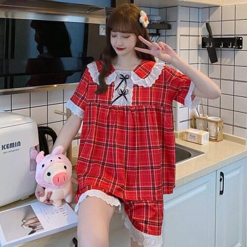 Summer Womens Pajamas Princess Pyjama Large Size Home Suit With Shorts Pijama Ladies Nightwear Simple Plaid Sleepwear 2 Pcs Pjs