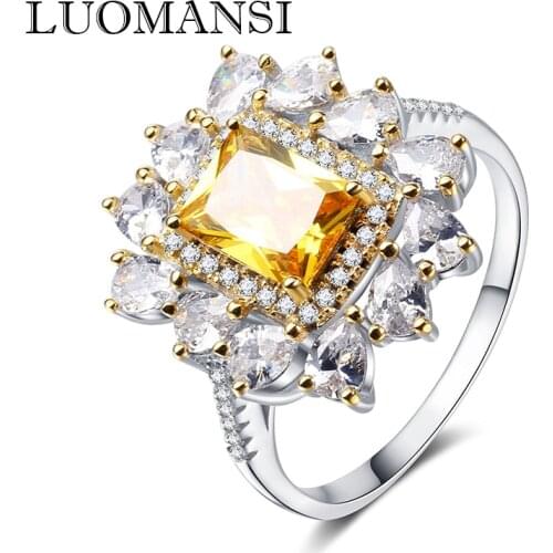 Luomansi Sun Flower Yellow High Carbon Diamond Ring 100%-S925 Sterling Silver Wedding Engagement Cocktail Party Fine Jewelry