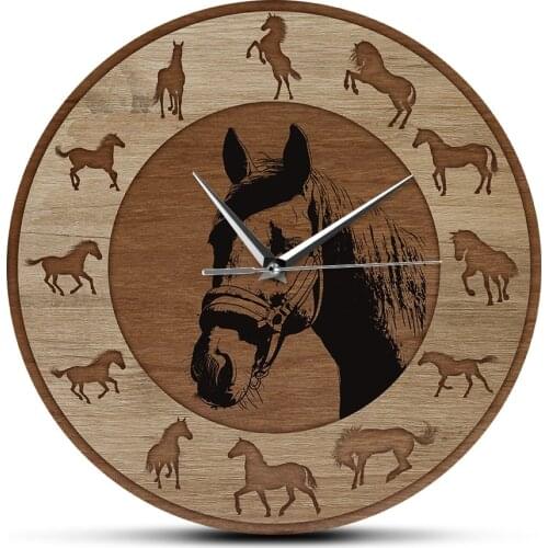 Farmhouse Style Horse Silhouettes Wall Clock Wood Grain Texture Printed Wall Clock Running Horses Art Home Decor Equestrian Gift