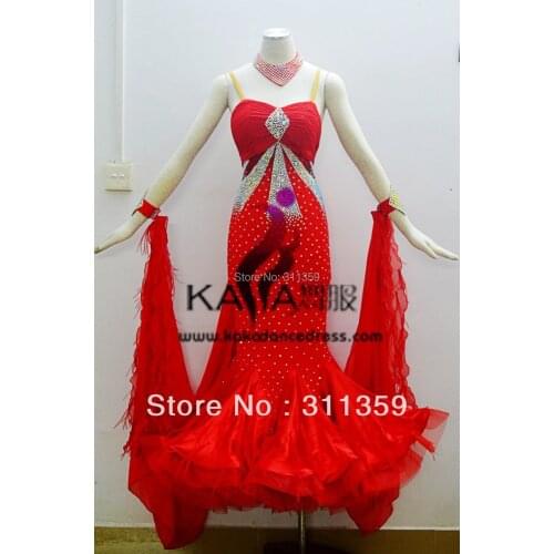 KAKA DANCE B1351,Red Color Ostrich Ballroom Standard Dance Dress,Waltz Dance Competition Dress,Women,Girl,Ballroom Dance Dress