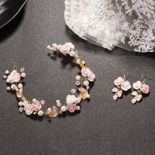 TREAZY Bridesmaid Bridal Imitation Pearl Crystal Leaf Flower Headband with Earrings Handmade Bride Wedding Hair Accessories