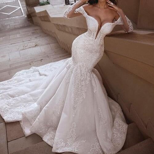 Luxury Crystals Mermaid Gown Wedding Dress Sexy Deep V Neck Tulle Hollow Sleeves Lace Appliques Bridal Gowns Custom Made