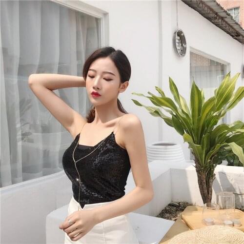 Sexy Women Off Shoulder Summer Knitted Vest Fashion Sequined Spaghetti Tank Tops