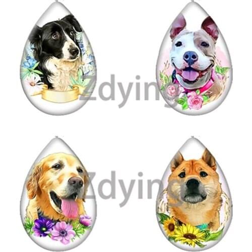 Zdying Animal Pet Dogs And Flowers Teardrop Water Drop Glass Photo Cabochon Beads DIY Demo Flat Back Making Jewelry Findings