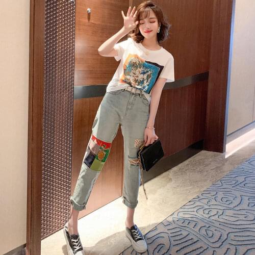 Ladies Printed Casual Short-sleeved All-match T-shirt + Ripped Holes Slimming Jeans Suit Female 2021 Summer New Style