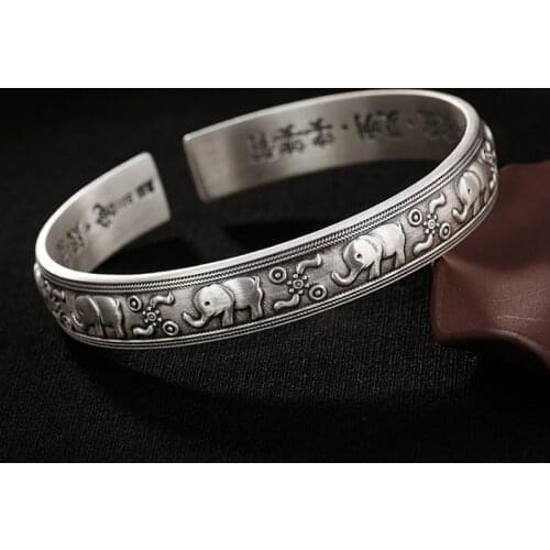 999 sterling Silver Ganesha Elephant women Open bangle Cuff Bracelet A5215