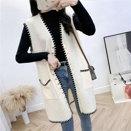 Women Autumn Elegant Korean Style Knitted Vests Female Long Single-Breasted Sweater Vest Ladies Loose Sleeveless Vest New Style