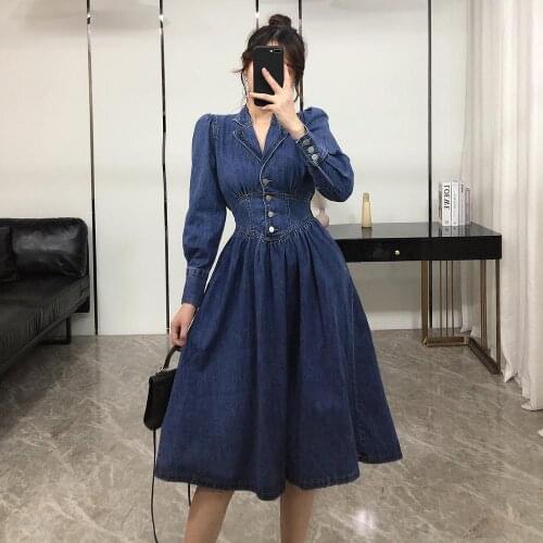 Autumn Women 2020 New Style Fashion Temperament Closed Waist Bubble Long-Sleeved Denim Dress