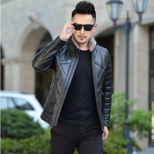 Winter new Mens down Coat short slim mink fur collar Korean leather jacket men Business casual plus size jackets
