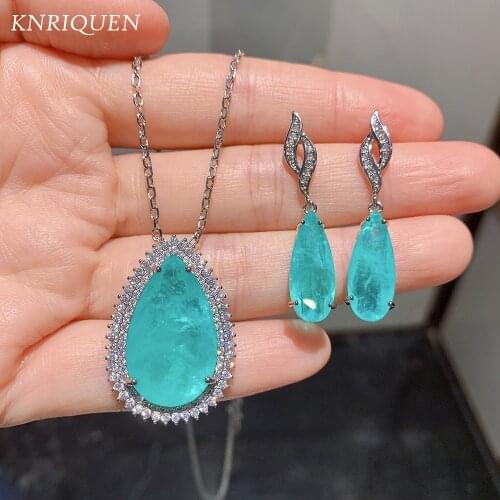 2020 Trend 925 Sterling Silver Lake Blue Paraiba Tourmaline Gemstone Pendant Necklace Earrings Wedding Jewelry Sets for Women