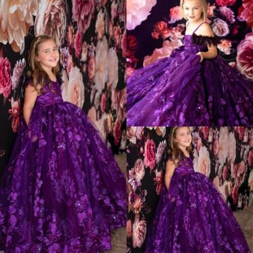 2021 Purple Girls Pageant Dresses Lace Appliques Beaded Girls Birthday Party Gowns Custom Made Flower Girl Dress