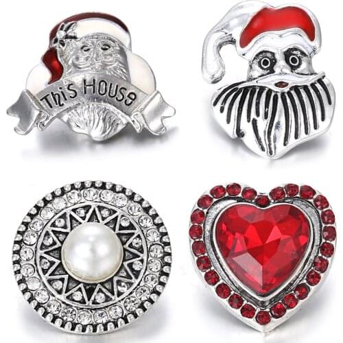 6pcs/lot New Snap Jewelry Crystal Santa Claus Love Heart 18mm Metal Snap Button Fit Leather Snap Bracelet Christmas Gift