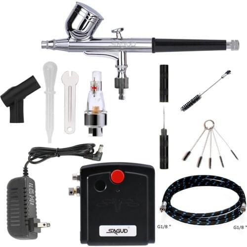 SAGUD Airbrush with Cleaning Kits Portable Auto Shut Mini Air Compressor and Dual Action Airbrush for Cake Decor/Tattoo/Nails