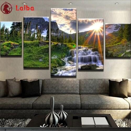 Diamond Embroidery Natural sunset forest trees and waterfalls Full Square round Diamond Painting Cross Stitch Wall Decor5pcs