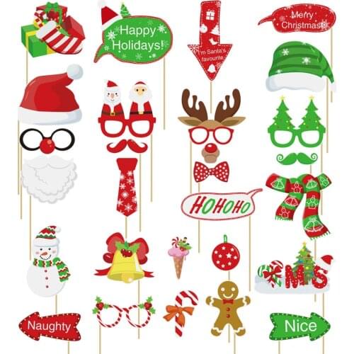 Amosfun 28PCS Christmas Photo Booth Props DIY Christmas Party Props Dress-up Supplies for Christmas Theme Party Favors Decoratio