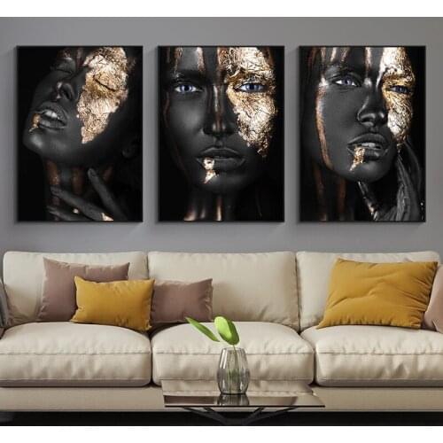 African Art Black and Gold Woman Canvas Painting Posters and Prints Scandinavian Wall Art Pictures for Living Room Home Decor