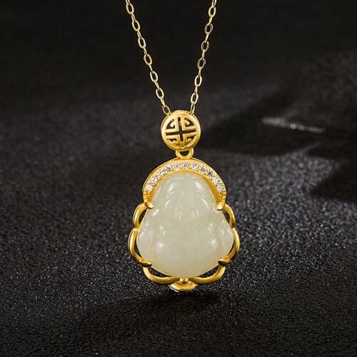 Golden luxury diamond jewelry white jade Buddha necklace female simple fashion clavicle chain bodhisattva pendant jewelry
