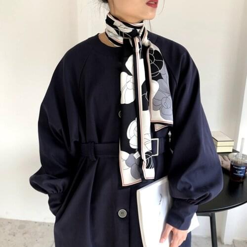 Camellia Print 100% Silk Ring Scarf Narrow Long Women Fashon Neckerchief Necktie Headband Hairband Bag Hat Scarfs 150*15cm