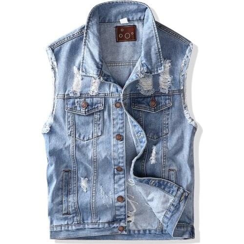 Classic Vintage Mens Jeans Vest Sleeveless Jackets Patch Designs Rock Style Ripped Cowboy Frayed Denim Vests