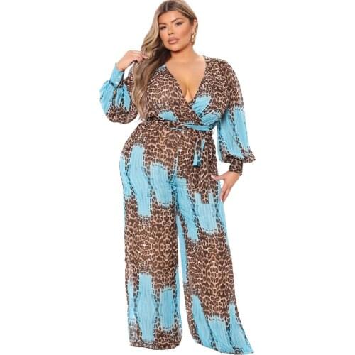 Leopard Printed Belt Jumpsuit Women Patchwork Loose Outfit Long Sleeves Autumn Clothes Trendy One Piece Wide Leg Pants Set