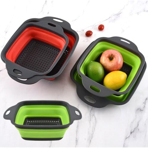 Square Shape Drain Basket Collapsible Colanders Foldable Silicone Kitchen Organizer Fruit Vegetable Baskets Folding Strainers