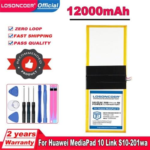 LOSONCOER 12000mAh HB3X1 HB3484v3eaw-12 Replacement Battery For Huawei MediaPad 10 Link S10-201wa Tablet PC Battery +Free Tools