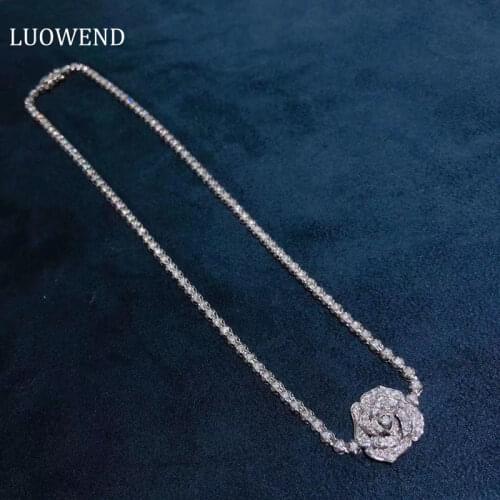 LUOWEND 18K Solid White Gold Pendant Necklace Real Natural Diamond Women Engagement Flower Necklace Camellia Shape Best Gift
