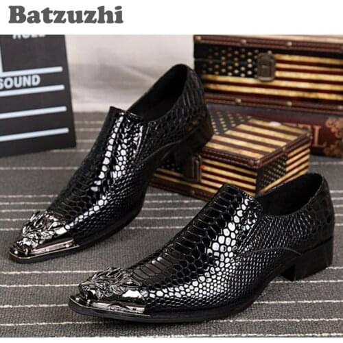 Batzuzhi Western Fashion Men Shoes Pointed Metal Toe Luxury Handmade Mens Leather Dress Shoes Black Height Increased Shoes Men
