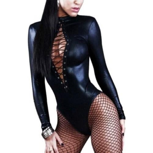 Soft PU Leather Leotard Sexy Lingerie Women Bare Chest Bandage Female Bodysuit Erotic Underwear Ladies Sex Catsuit Night Club