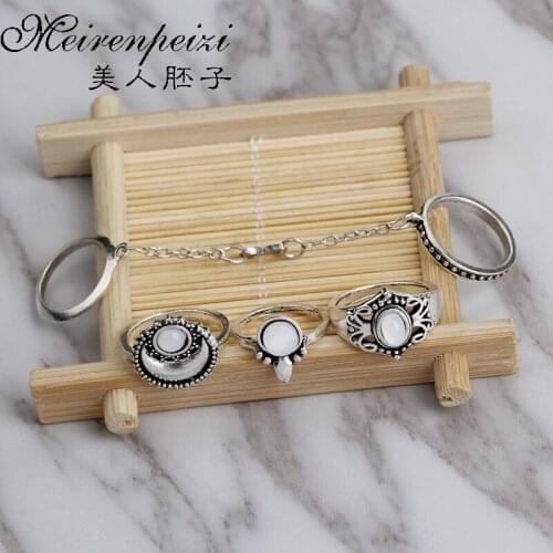 Bohemia Antique Silver Moon Sun Chain Ring Set Knuckle Rings for Women Vintage Jewelry Femme Stone Midi Finger Rings