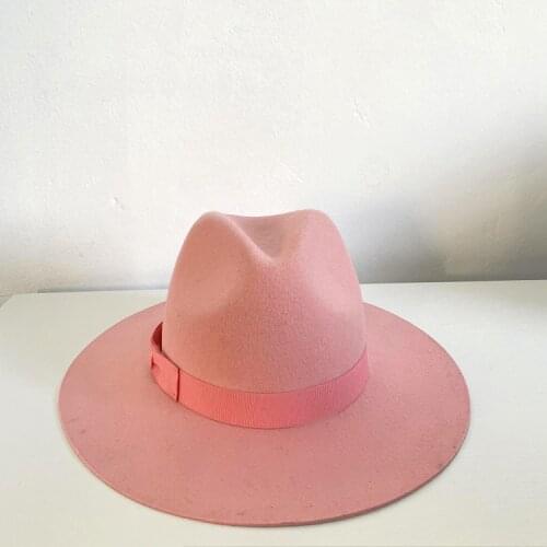 202107-junxian-8147C new autumn winter pink wool lady fedoras cap women panama jazz hat