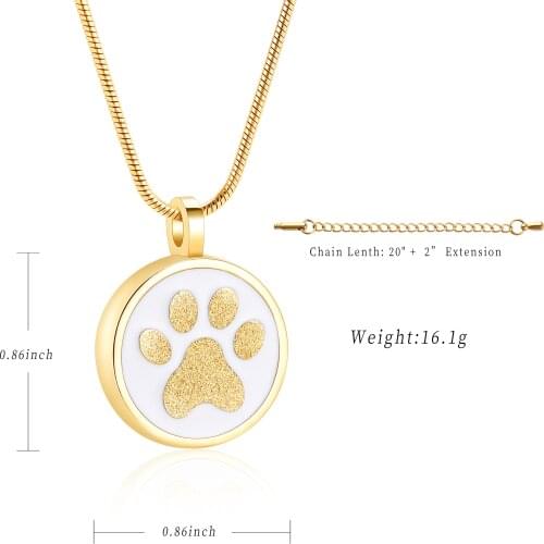 IJD9132 Stainless Steel Gold Pet Paw Print Round Cremation Memorial Pendant for Ashe Urn Souvenir Keepsake Necklace Jewelry
